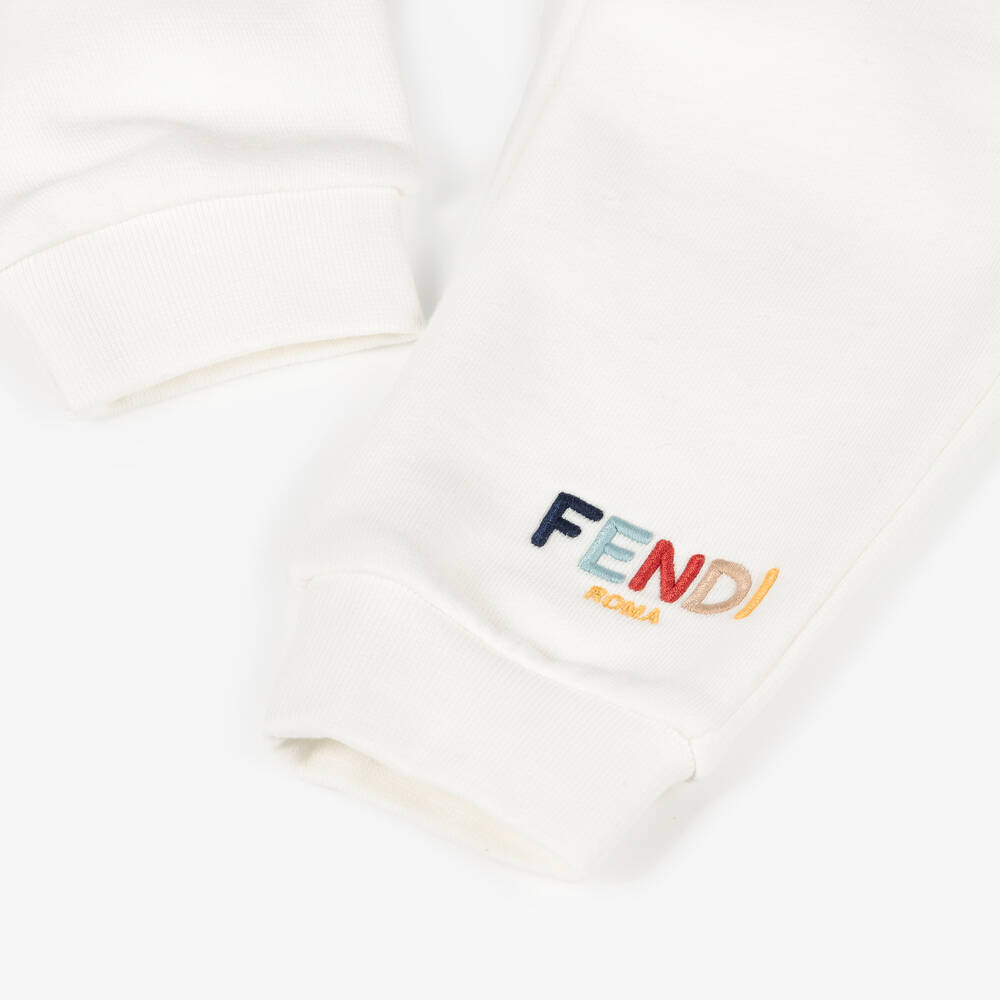 Fendi-White Cotton Embroidered Baby Joggers | Childrensalon