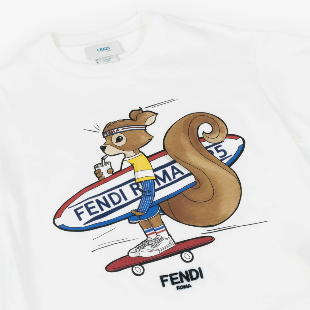 Fendi-Футболка белая из хлопка с белкой для мальчиков | Childrensalon