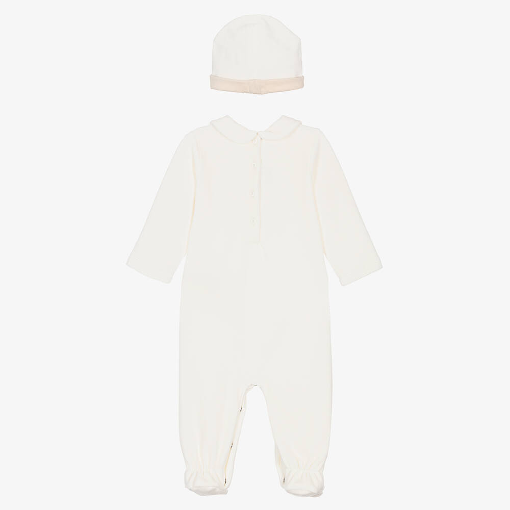 Fendi-White Cotton Velour Babygrow & Hat Set | Childrensalon