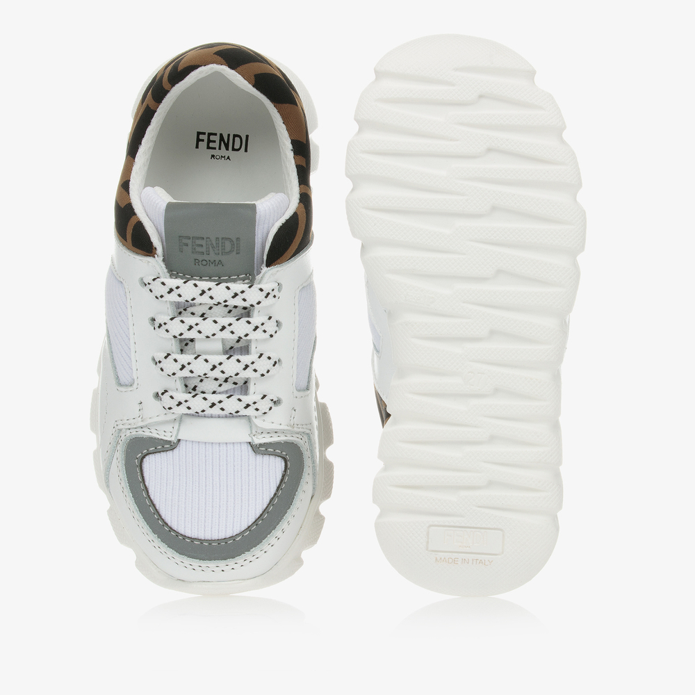 Fendi-ترينرز بأربطة جلد وكانفاس لون أبيض | Childrensalon