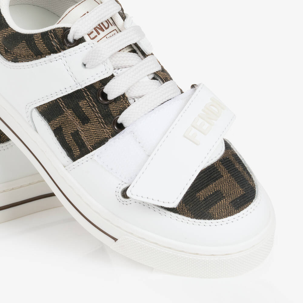 Fendi-White Leather & Brown FF Trainers | Childrensalon