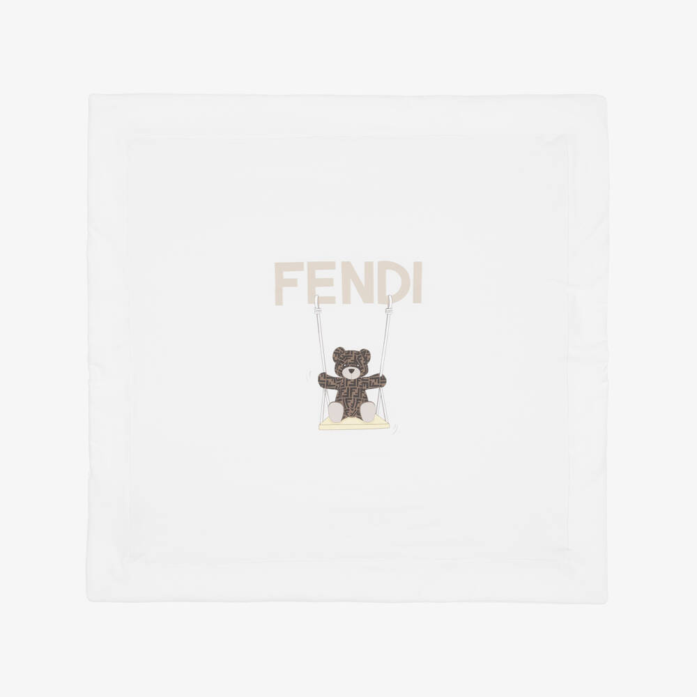 Fendi-White Padded Blanket with Logo Teddy (77cm) | Childrensalon