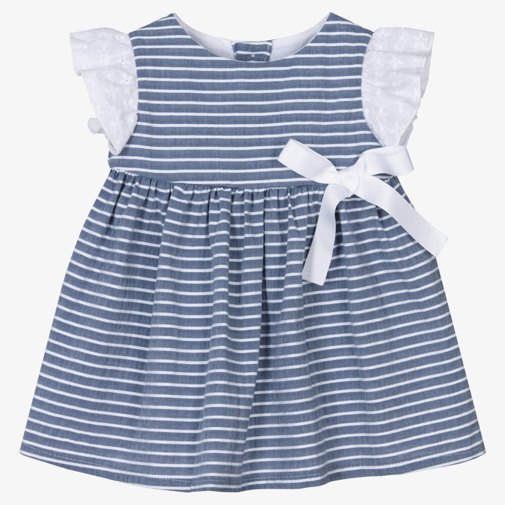 Baby Girls Blue Cotton Striped Dress | Childrensalon