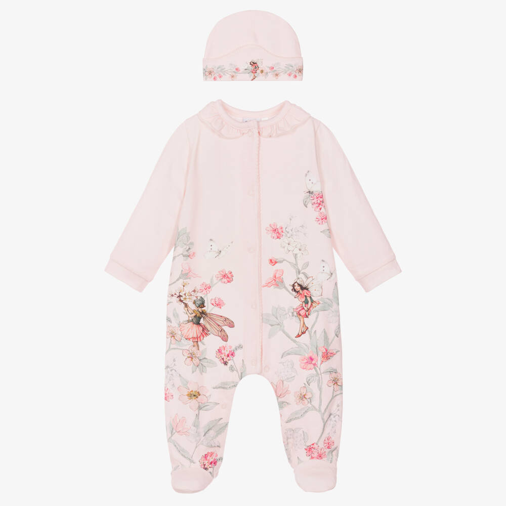 Flower Fairies™ by Childrensalon-Girls Pink Cotton Flower Fairies Babygrow & Hat Set | Childrensalon