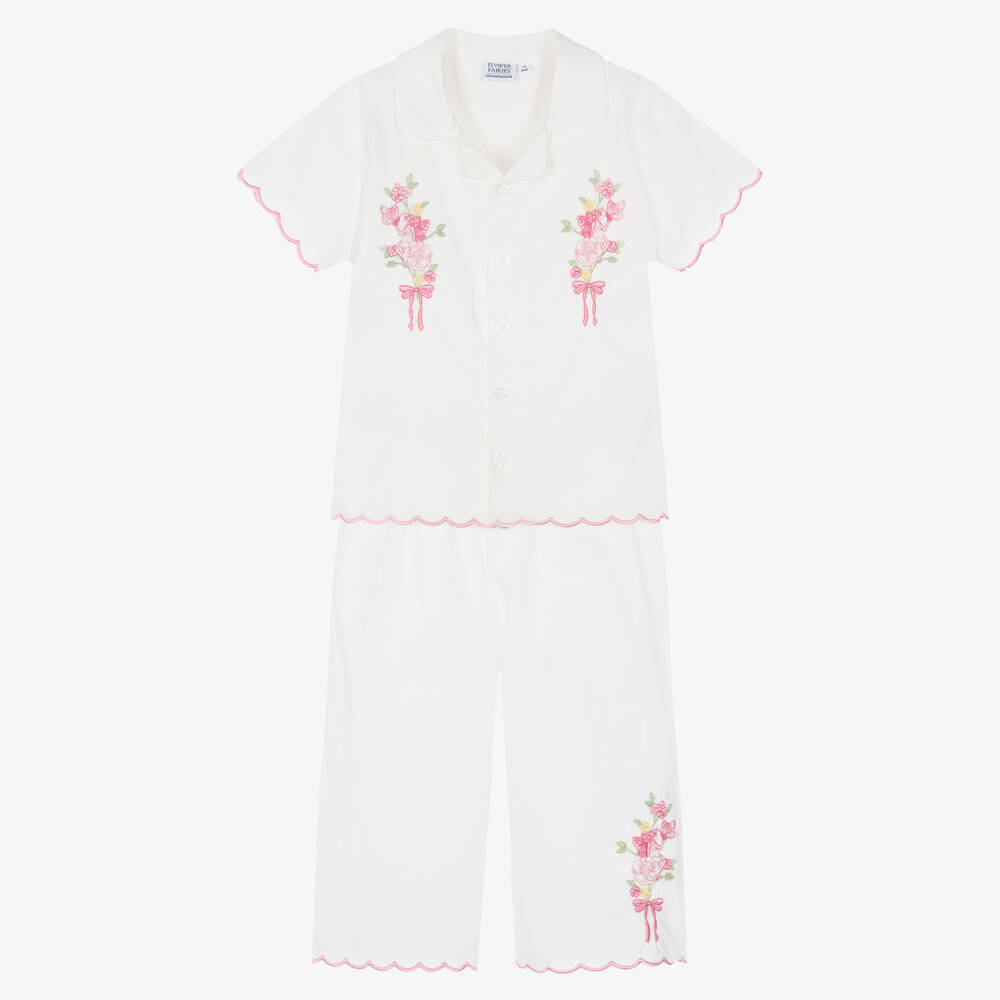 Flower Fairies™ by Childrensalon-Girls White Cotton Flower Fairies Embroidered Pyjamas | Childrensalon