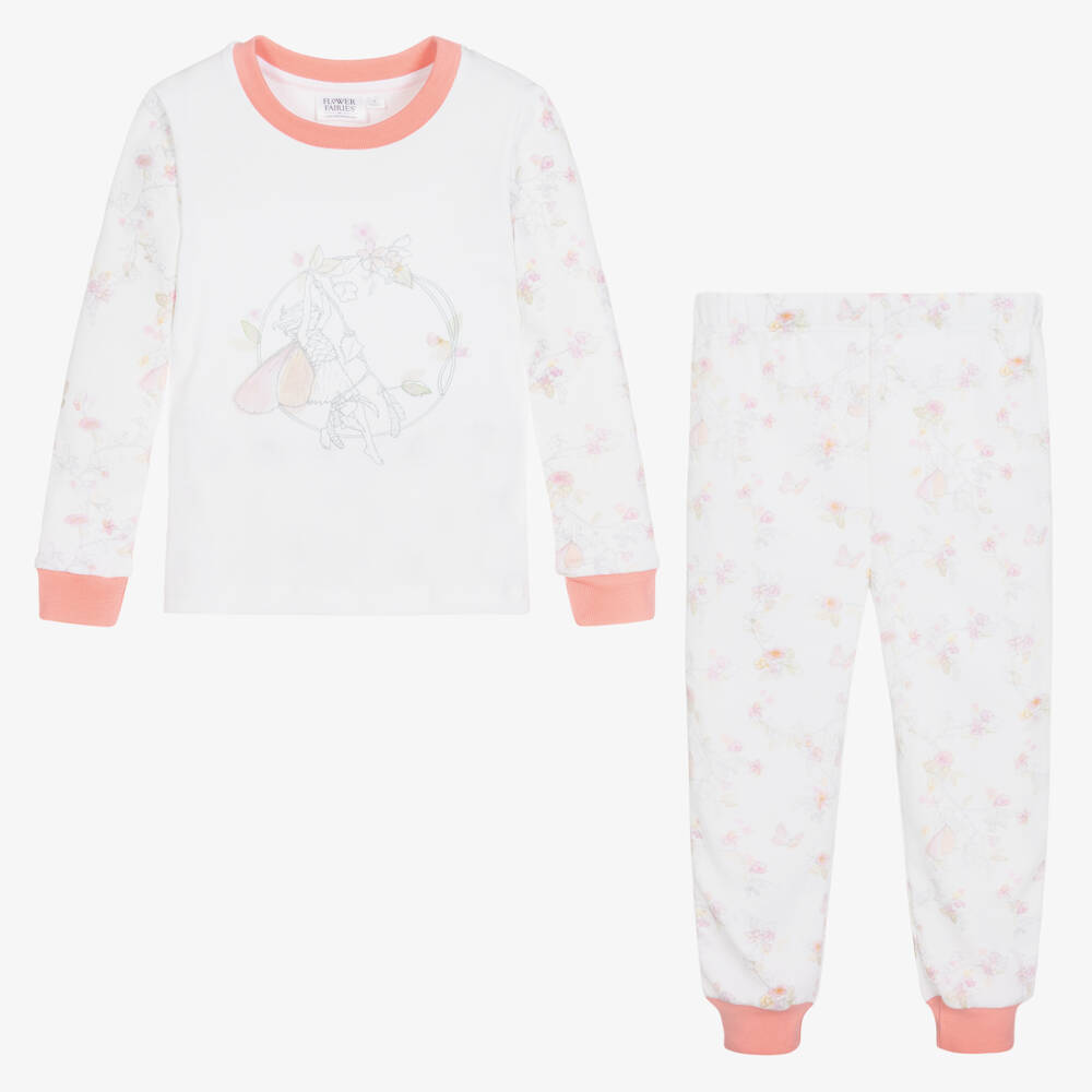 Flower Fairies™ by Childrensalon-Girls White & Pink Cotton Pyjamas | Childrensalon