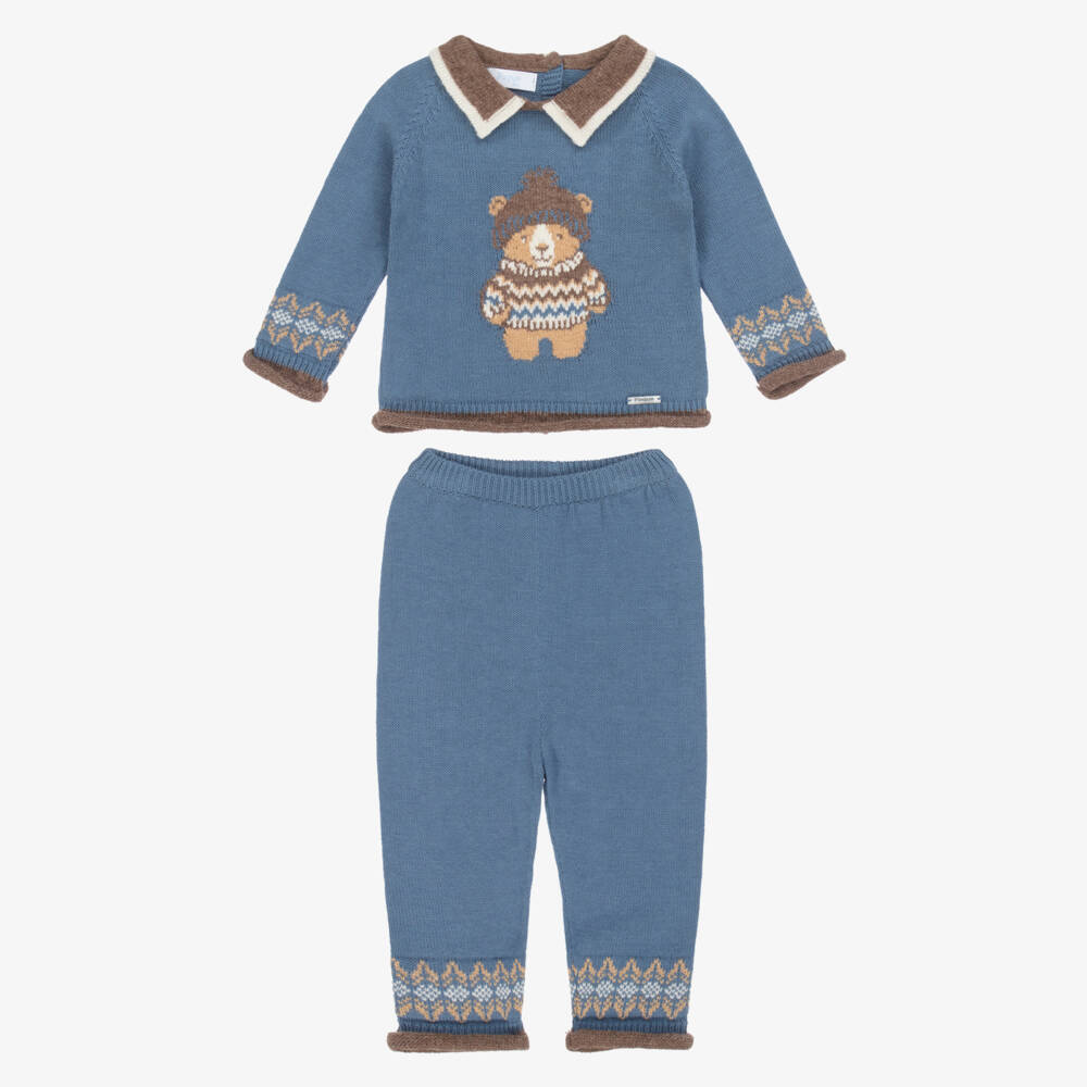 Foque-Baby Boys Wool & Cotton Knit Teddy Bear Trouser Set | Childrensalon