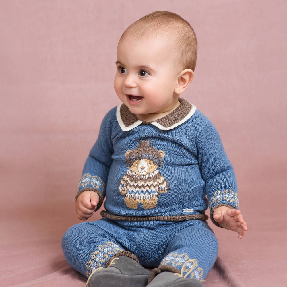 Foque-Baby Boys Wool & Cotton Knit Teddy Bear Trouser Set | Childrensalon