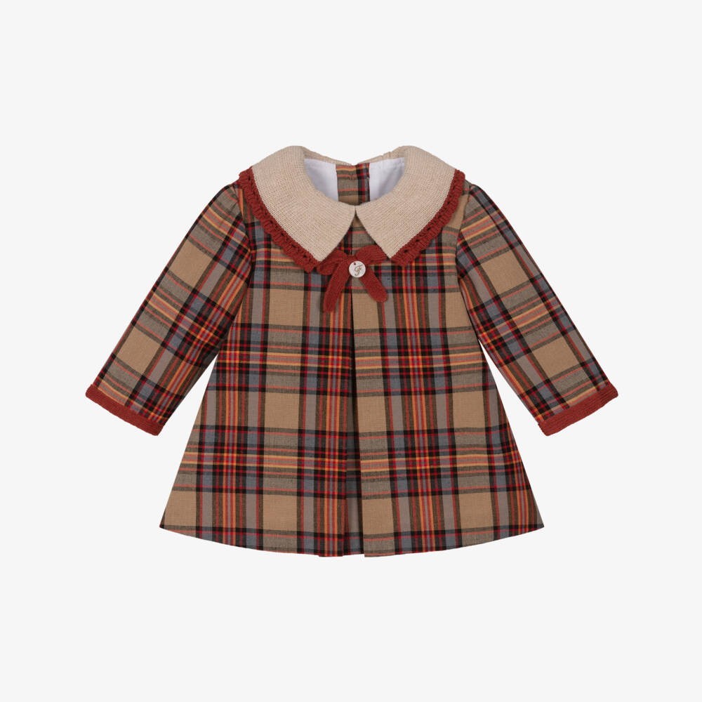 Foque-Baby Girls Beige & Tan Brown Tartan Dress  | Childrensalon