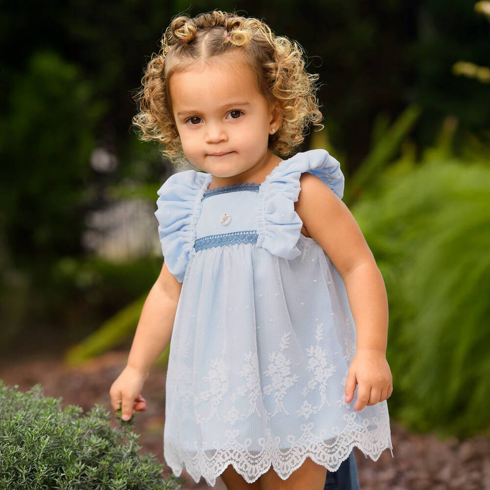 Foque-Baby Girls Blue Embroidered Tulle Dress | Childrensalon