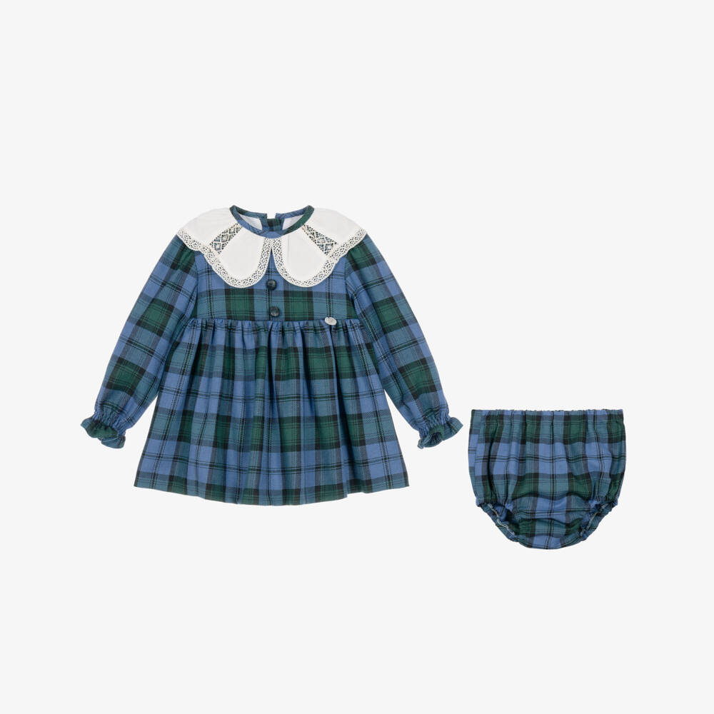 Foque-Baby Girls Blue Tartan Check Dress with Lace Collar | Childrensalon