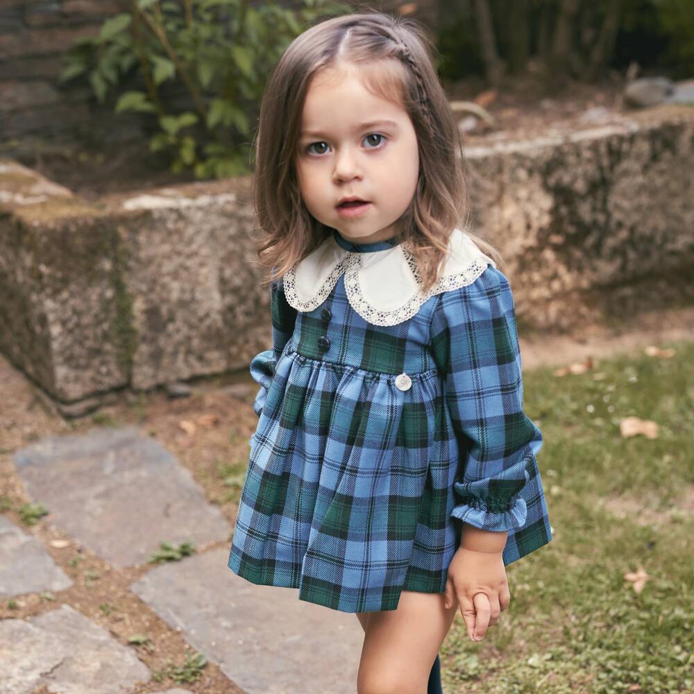 Foque-Baby Girls Blue Tartan Check Dress with Lace Collar | Childrensalon