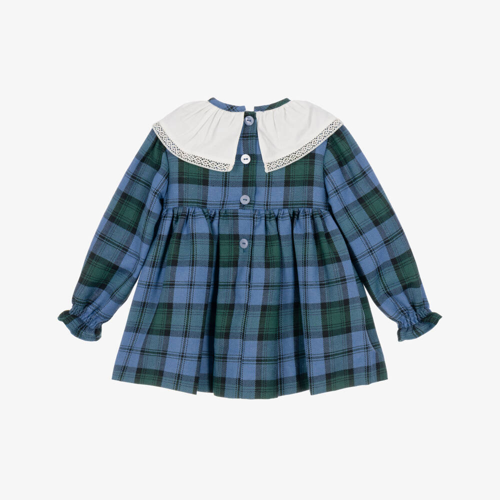 Foque-Baby Girls Blue Tartan Check Dress with Lace Collar | Childrensalon