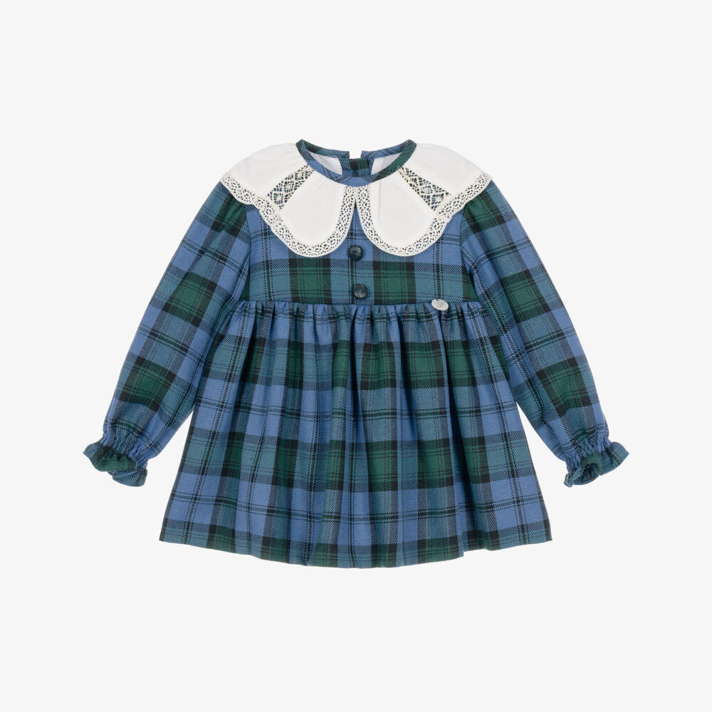 Foque-Baby Girls Blue Tartan Check Dress with Lace Collar | Childrensalon
