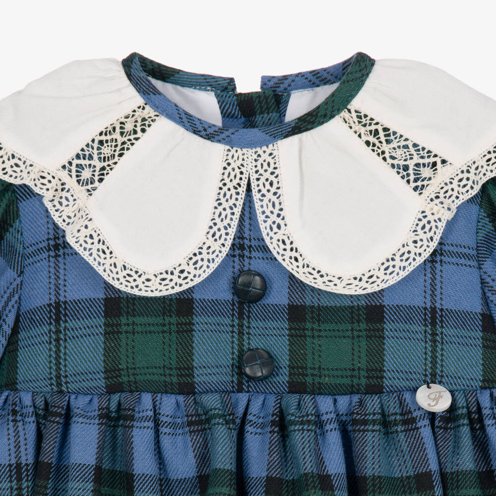 Foque-Baby Girls Blue Tartan Check Dress with Lace Collar | Childrensalon