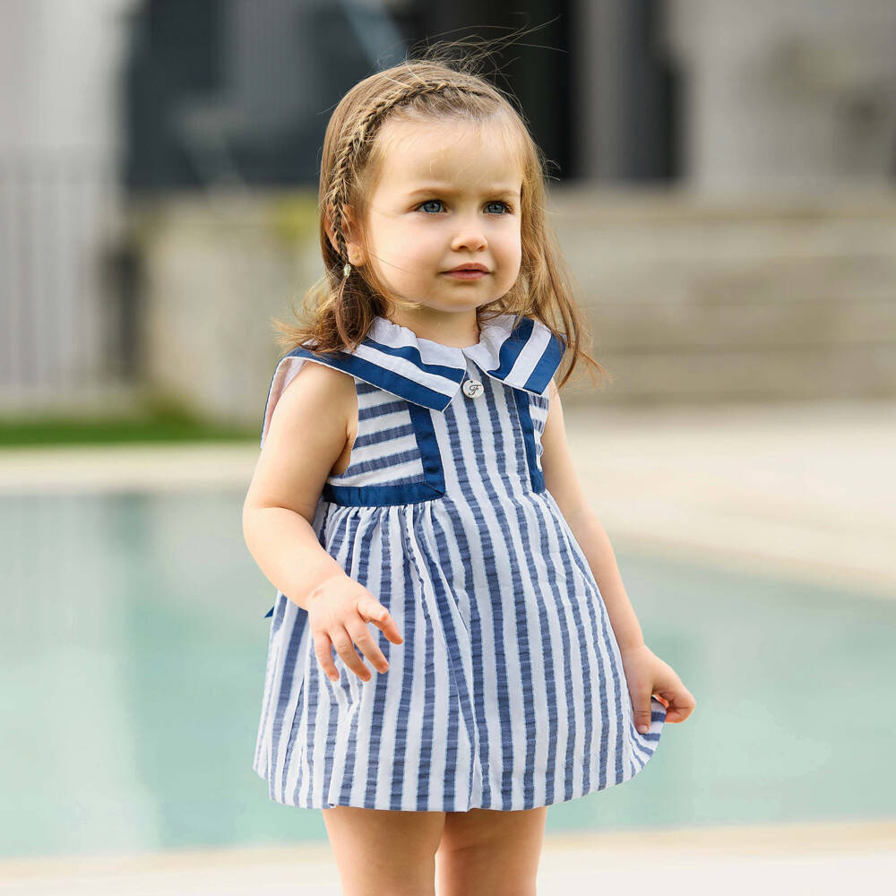 Foque-فستان بياقة بحرية مخطط لون أبيض وأزرق للبنات الرضع | Childrensalon