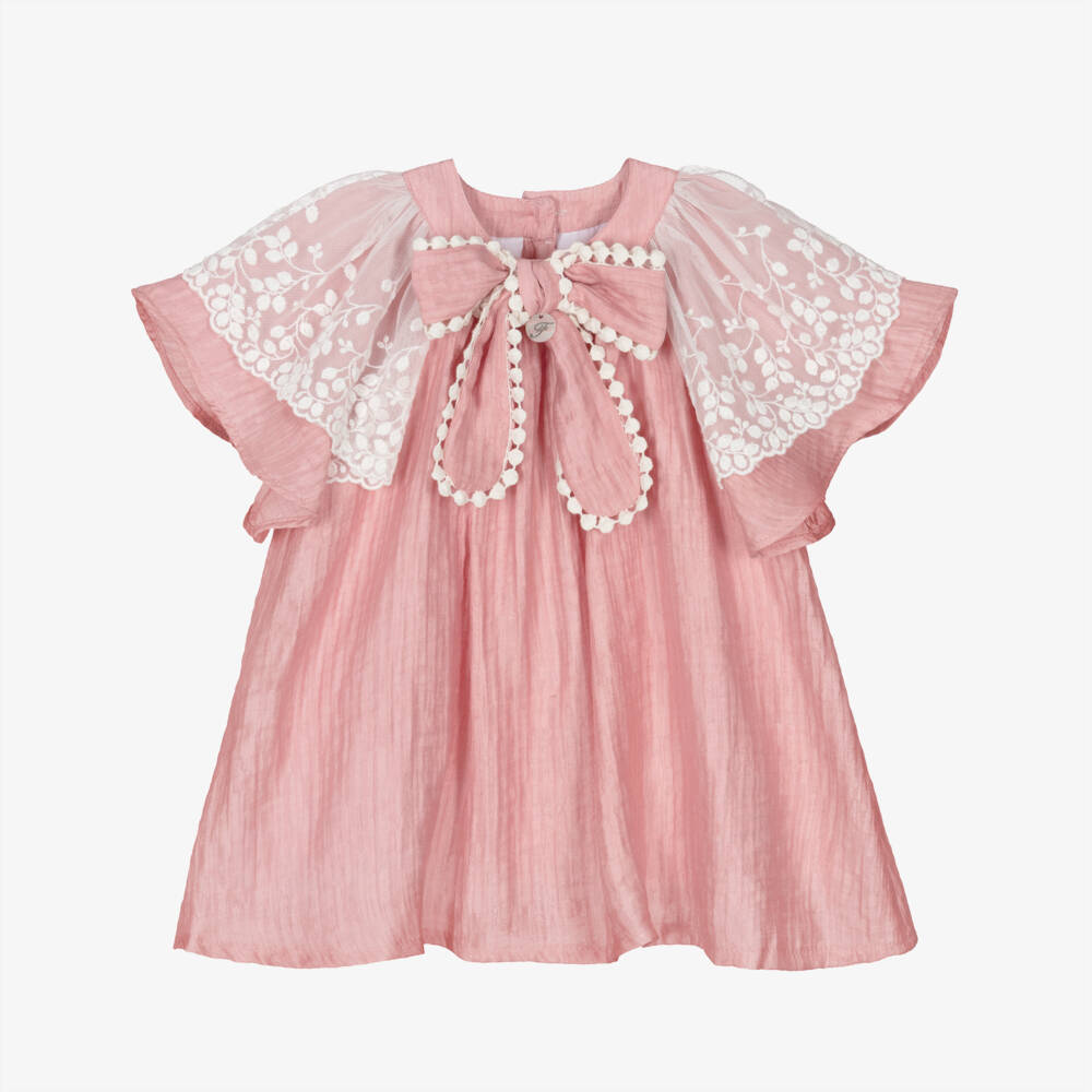 Foque-Baby Girls Blush Pink Dress with Lace Trimmed Angel Sleeves | Childrensalon