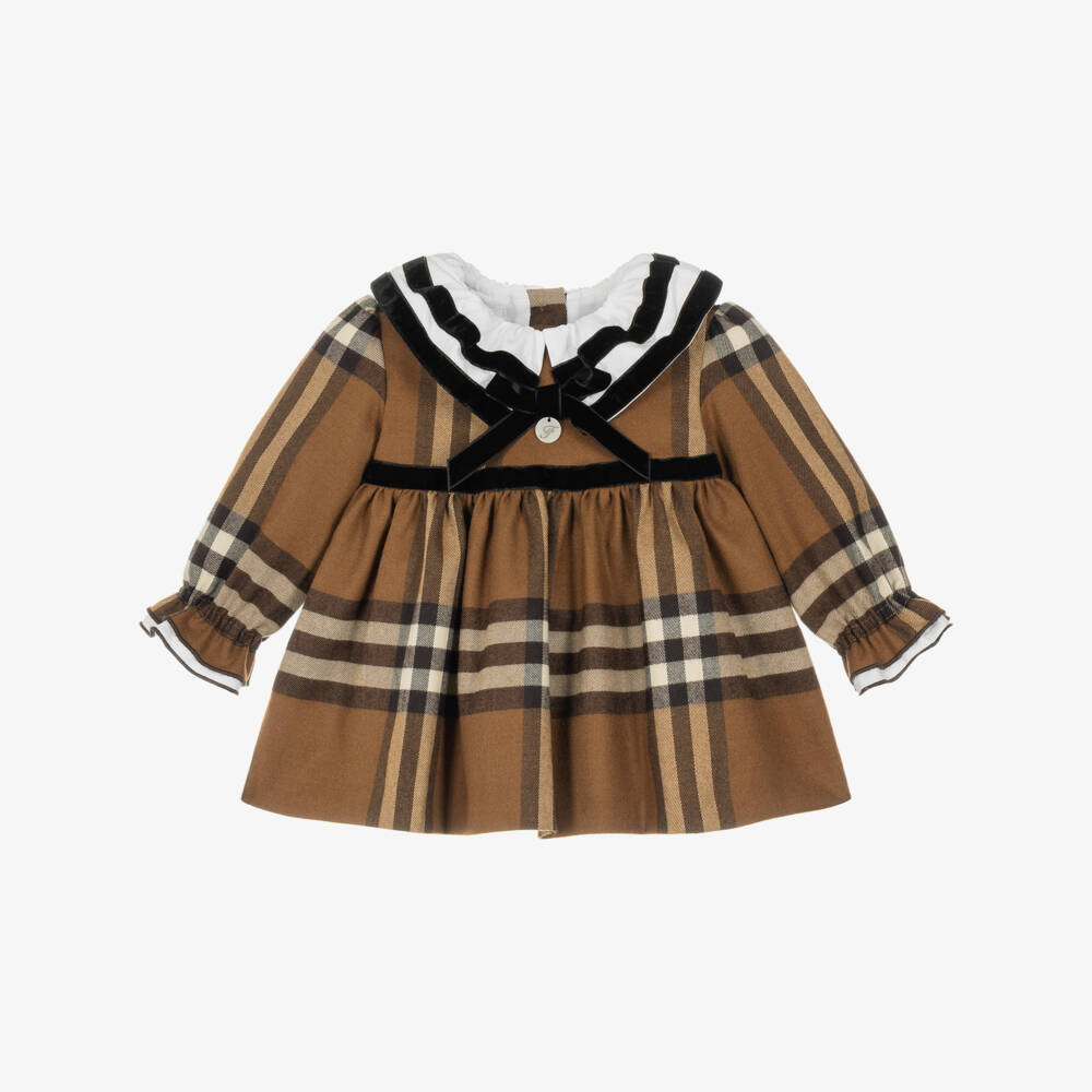Foque-Baby Girls Brown Check Dress with Contrast Collar | Childrensalon