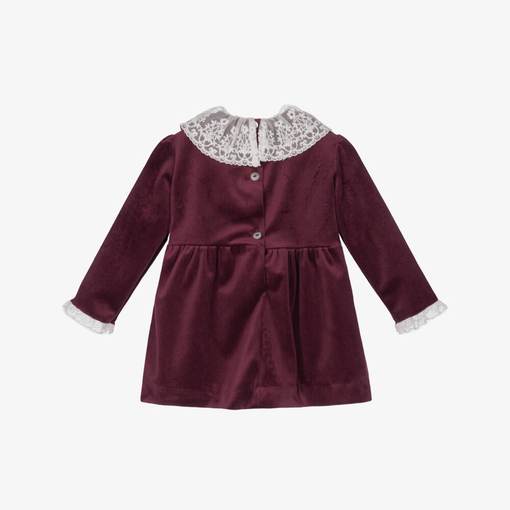 Foque-Baby Girls Burgundy Velvet Dress with Lace Collar | Childrensalon