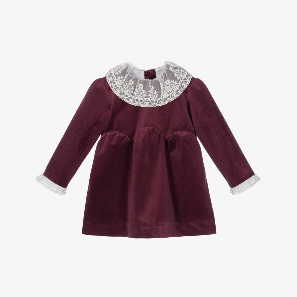 Foque-Baby Girls Burgundy Velvet Dress with Lace Collar  | Childrensalon