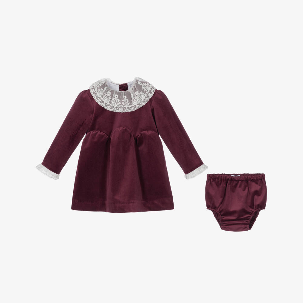 Foque-Baby Girls Burgundy Velvet Dress with Lace Collar | Childrensalon