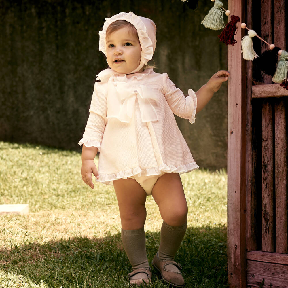 Foque-Baby Girls Ivory Dress with Ruffles & Bow | Childrensalon
