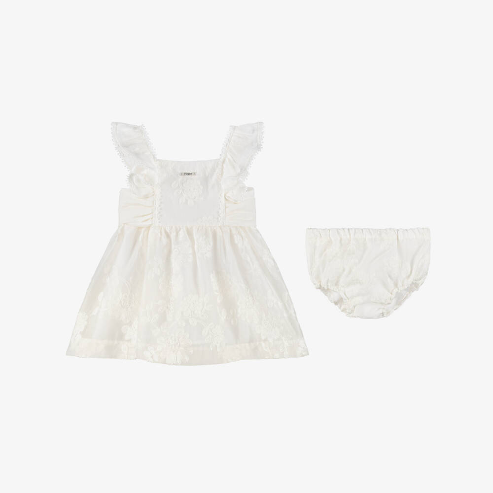 Foque-Baby Girls Ivory Floral Embroidered Organza Dress Set | Childrensalon