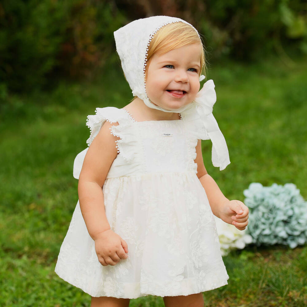 Foque-Baby Girls Ivory Floral Embroidered Organza Dress Set | Childrensalon