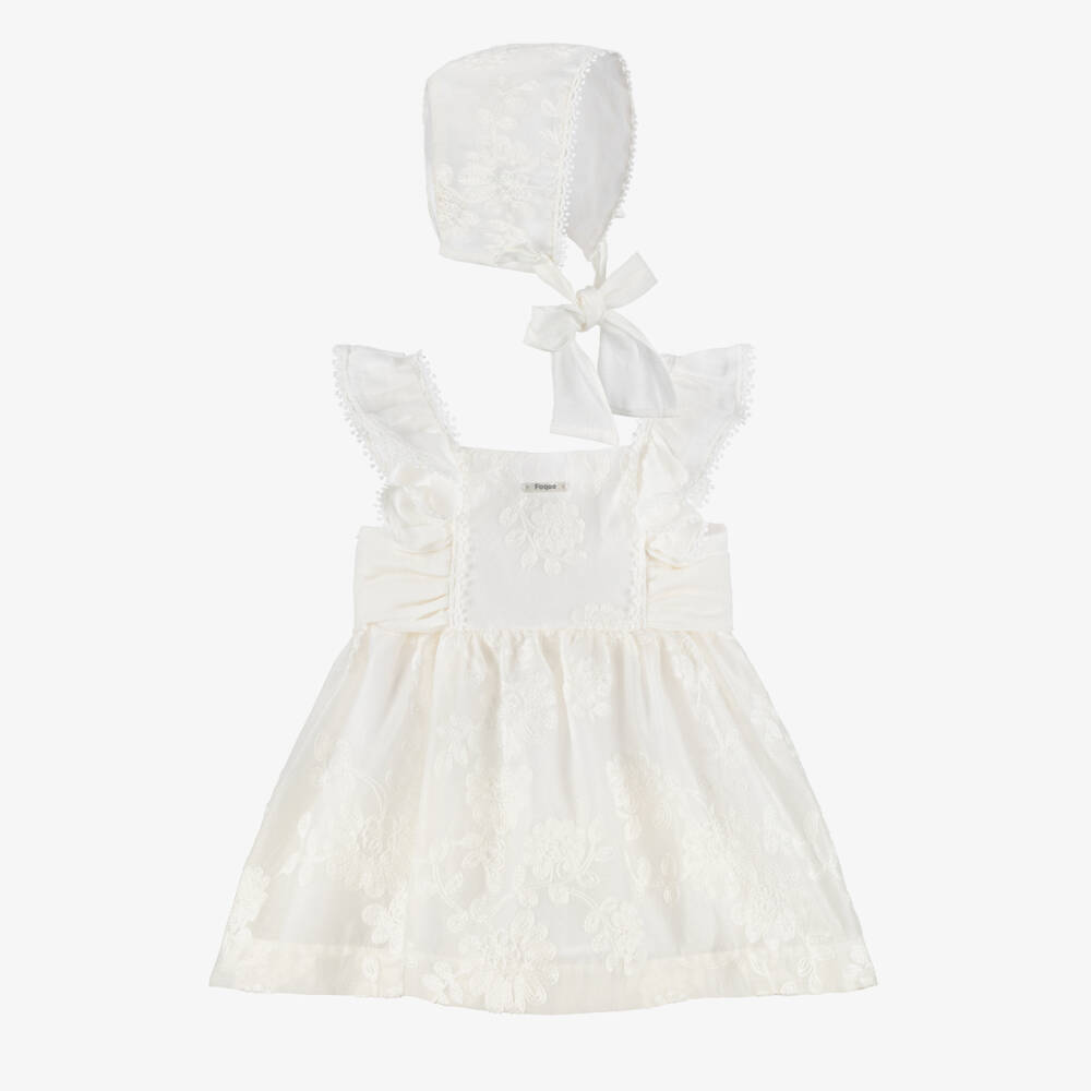 Foque-Baby Girls Ivory Floral Embroidered Organza Dress Set | Childrensalon