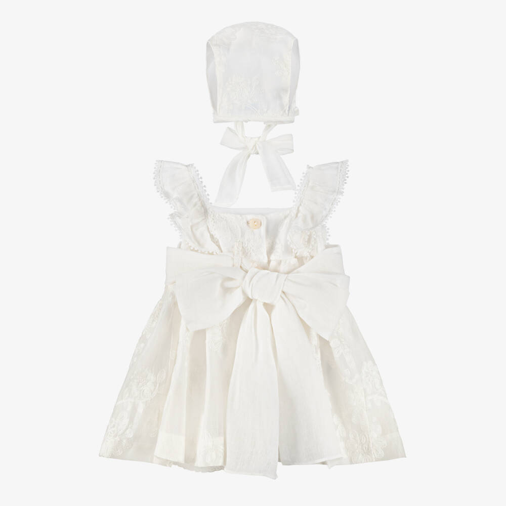 Foque-Baby Girls Ivory Floral Embroidered Organza Dress Set | Childrensalon