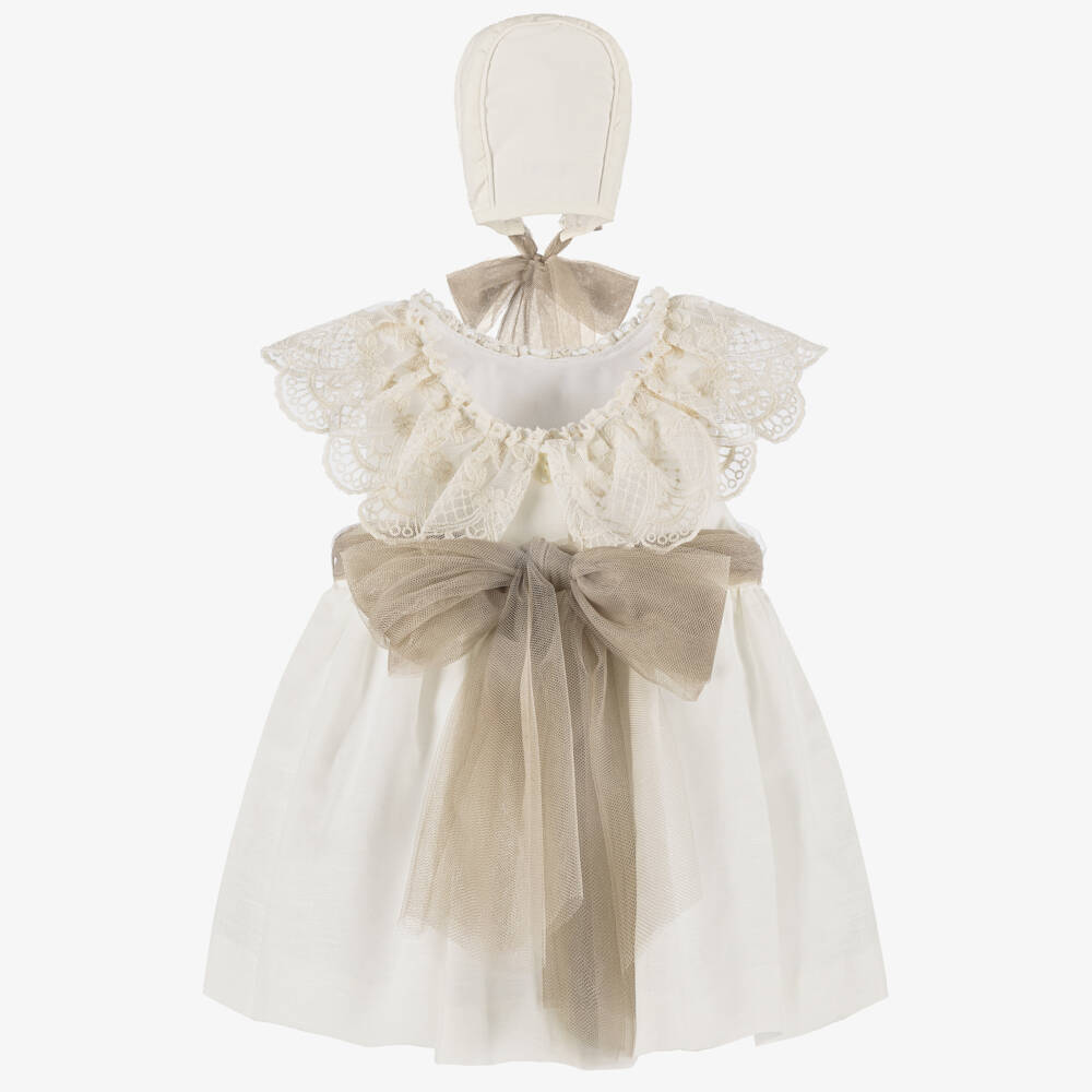 Foque-Baby Girls Ivory Linen & Cotton Dress with Beige Sash  | Childrensalon