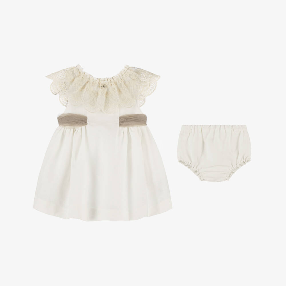 Foque-Baby Girls Ivory Linen & Cotton Dress with Beige Sash  | Childrensalon