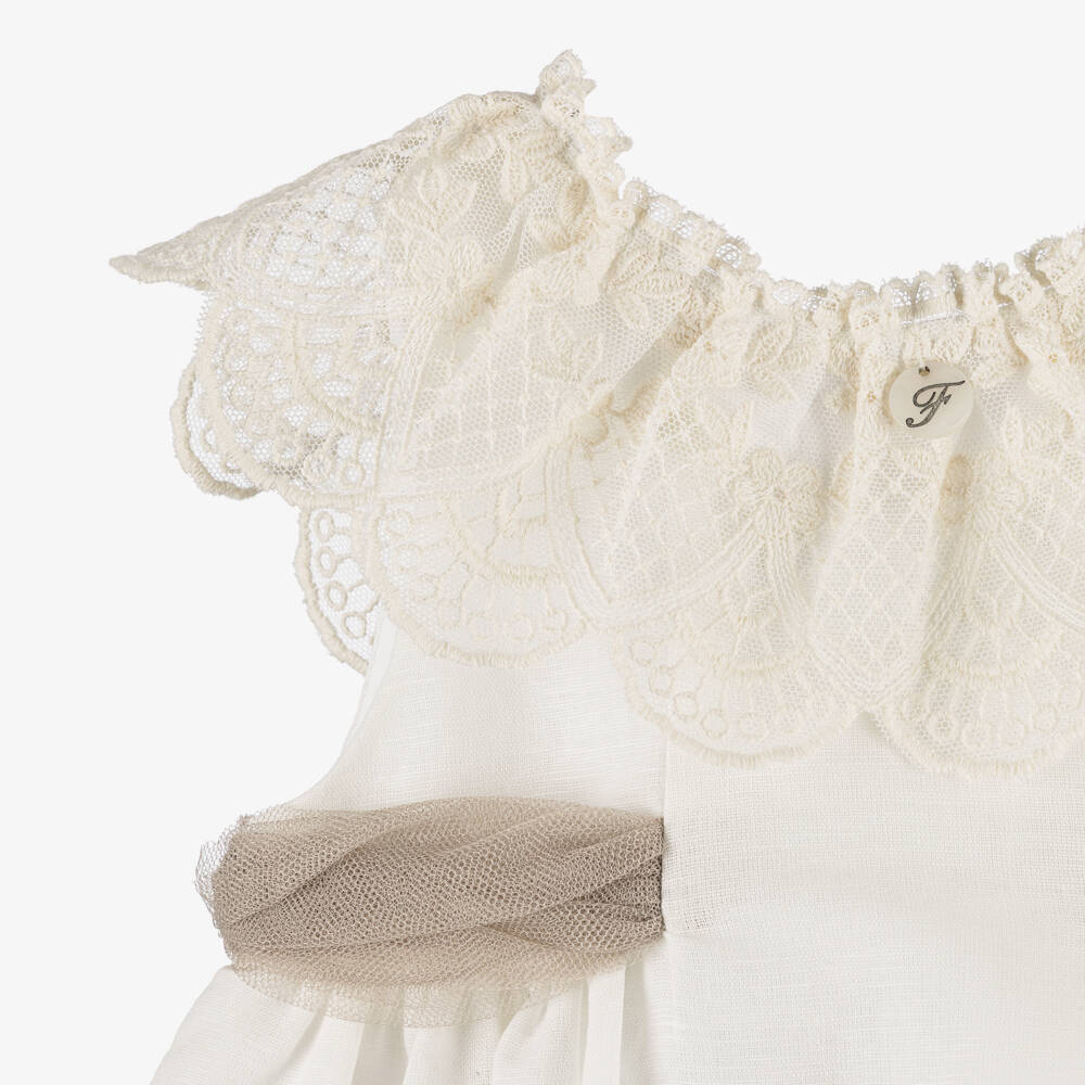 Foque-Baby Girls Ivory Linen & Cotton Dress with Beige Sash  | Childrensalon