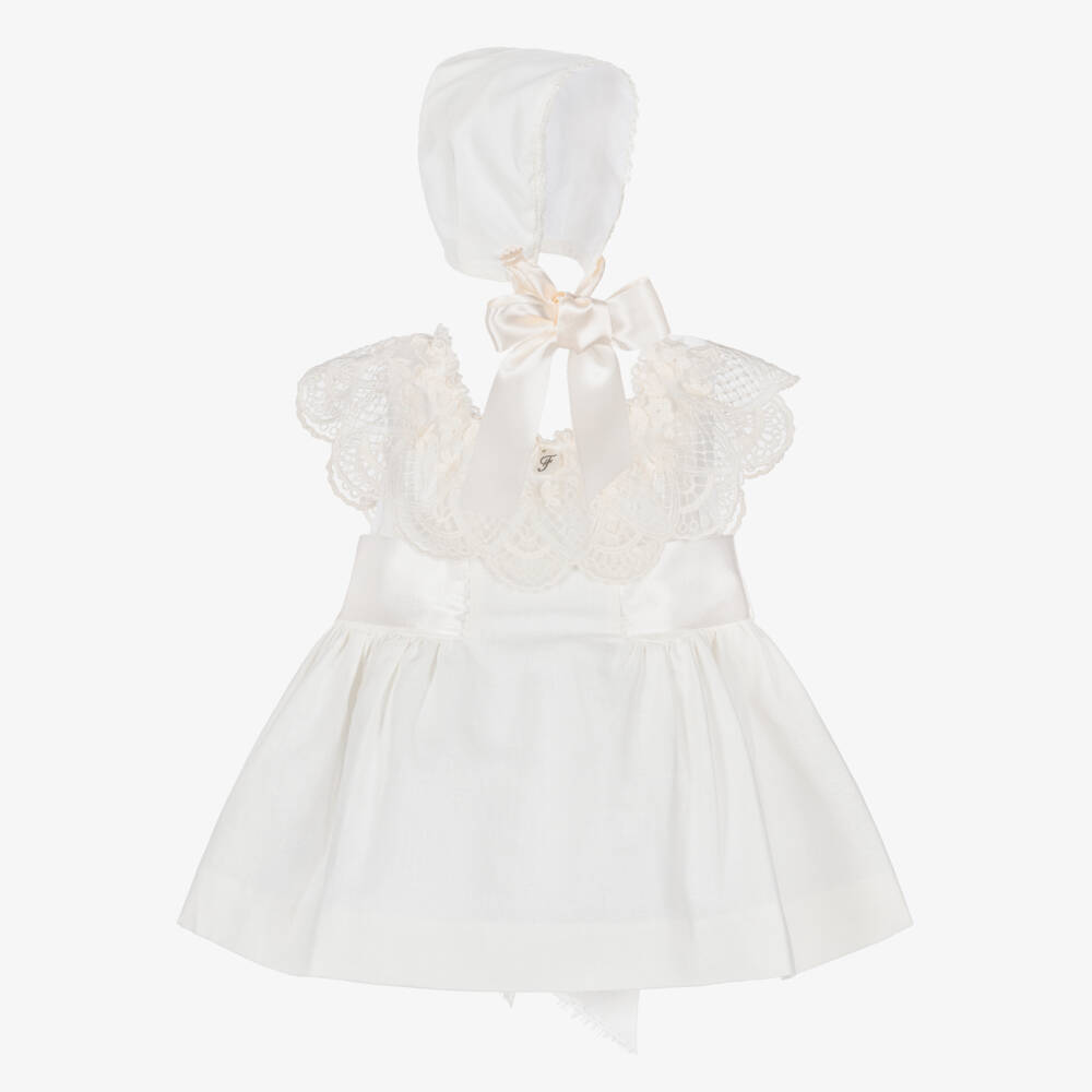 Foque-Baby Girls Ivory Linen & Cotton Dress with Ribbon Sash  | Childrensalon