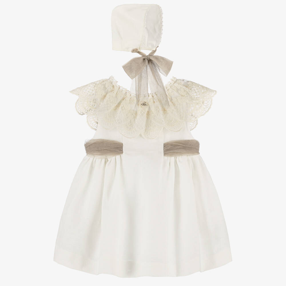 Foque-Baby Girls Ivory Linen & Cotton Dress with Ribbon Sash  | Childrensalon