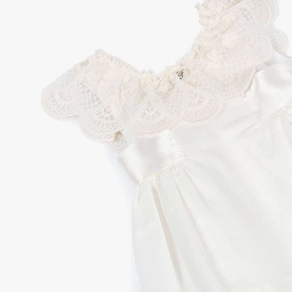 Foque-Baby Girls Ivory Linen & Cotton Dress with Ribbon Sash | Childrensalon