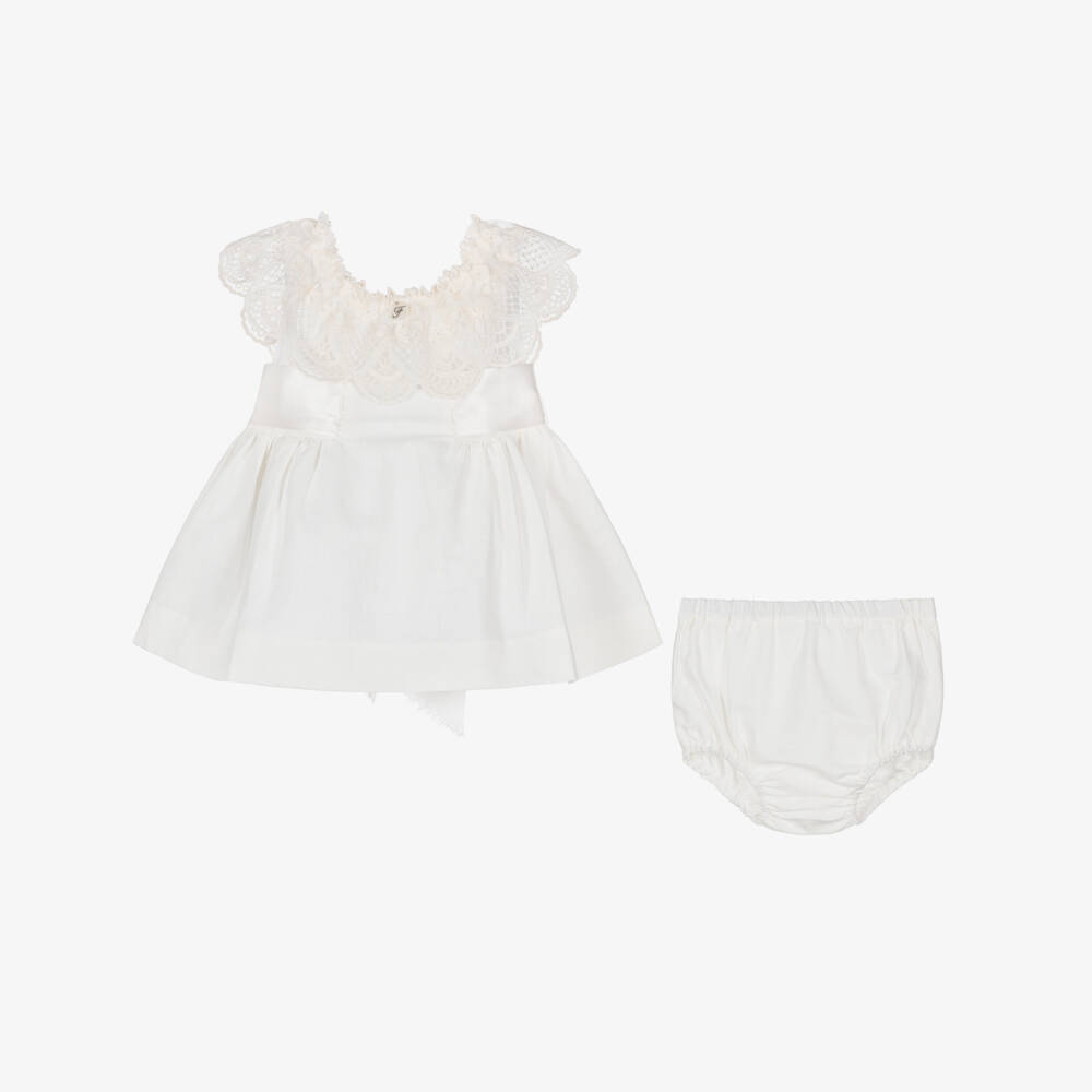 Foque-Baby Girls Ivory Linen & Cotton Dress with Ribbon Sash | Childrensalon