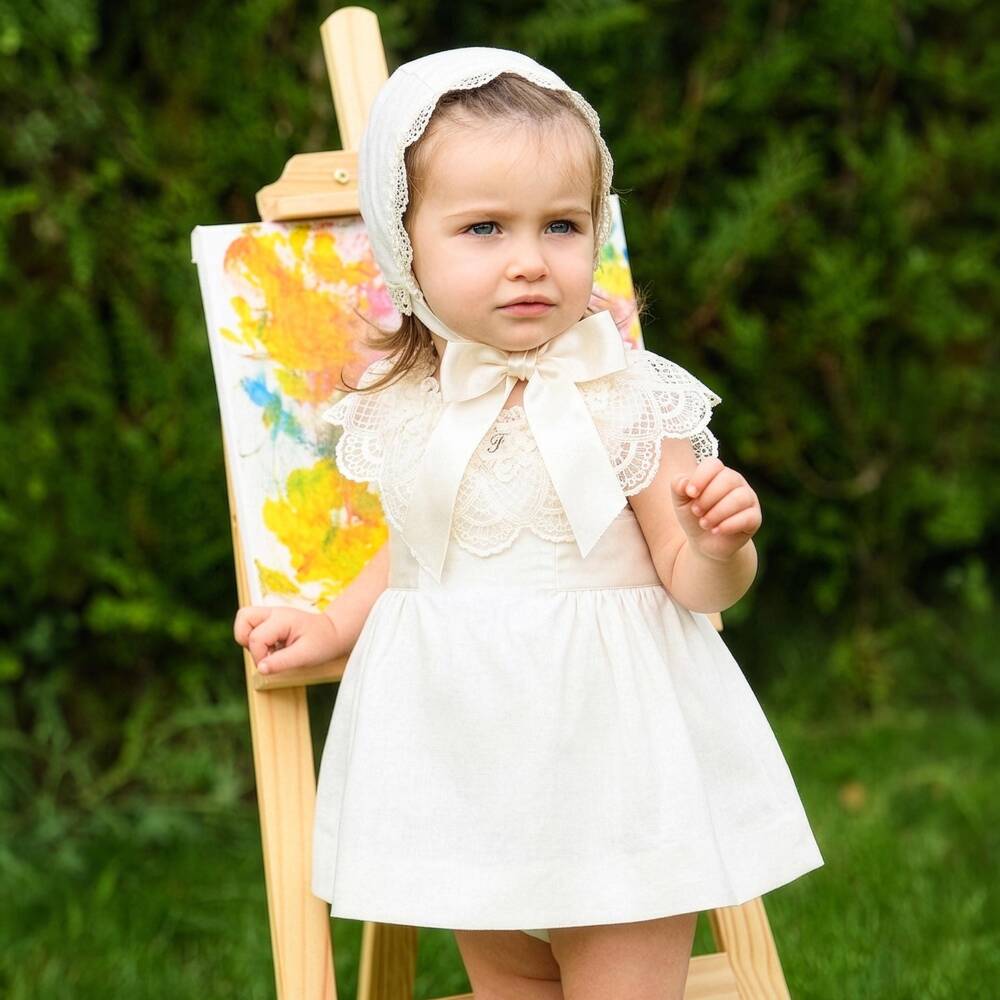 Foque-Baby Girls Ivory Linen & Cotton Dress with Ribbon Sash | Childrensalon