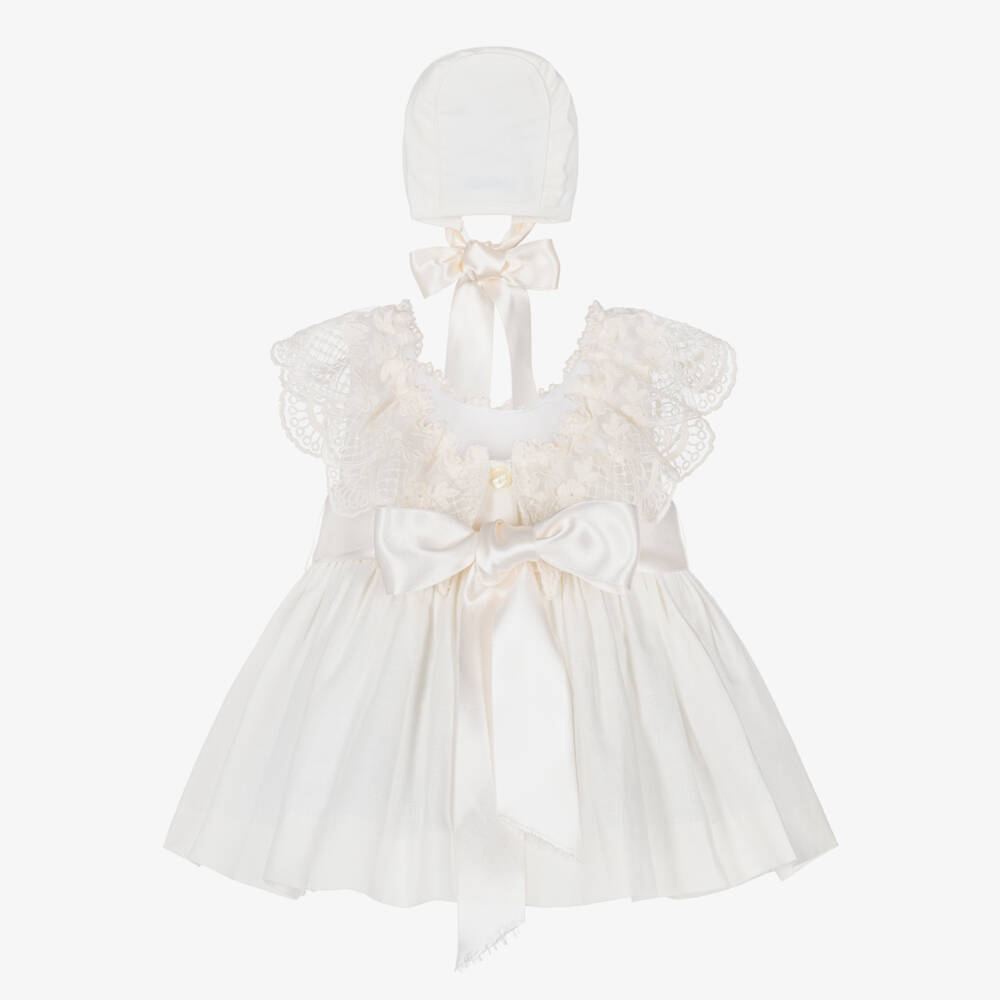 Foque-Baby Girls Ivory Linen & Cotton Dress with Ribbon Sash | Childrensalon
