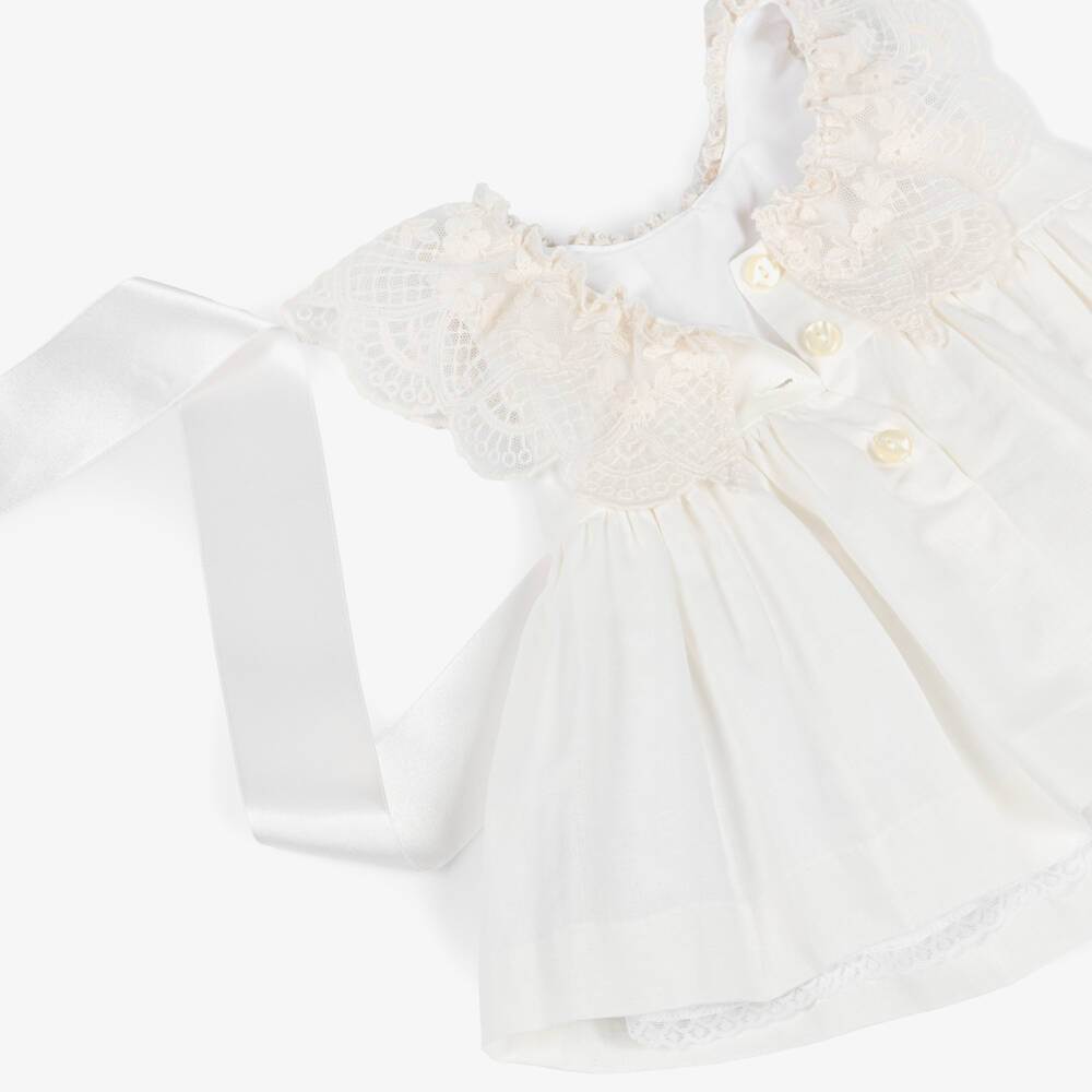 Foque-Baby Girls Ivory Linen & Cotton Dress with Ribbon Sash | Childrensalon