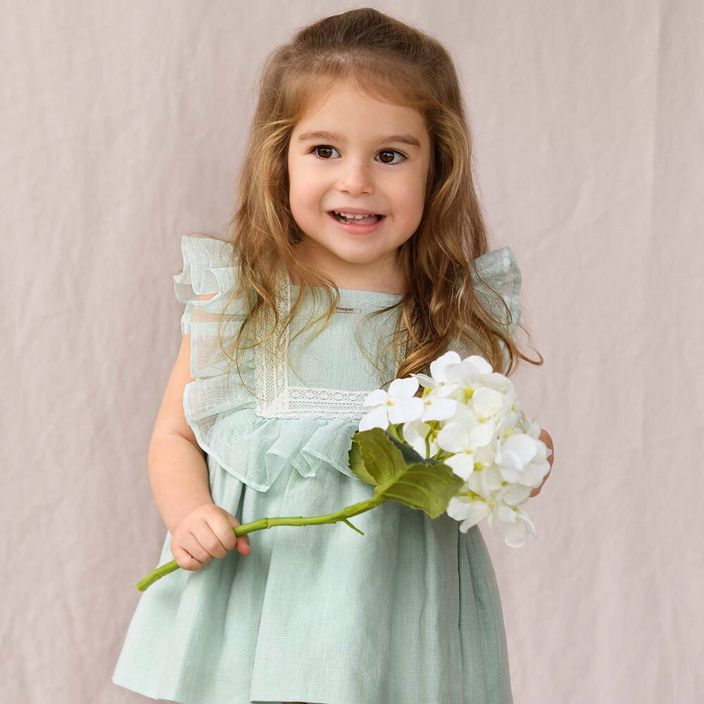 Foque-Baby Girls Mint Green Linen & Lace Dress | Childrensalon