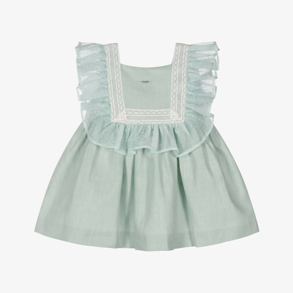 Foque-Baby Girls Mint Green Linen & Lace Dress | Childrensalon