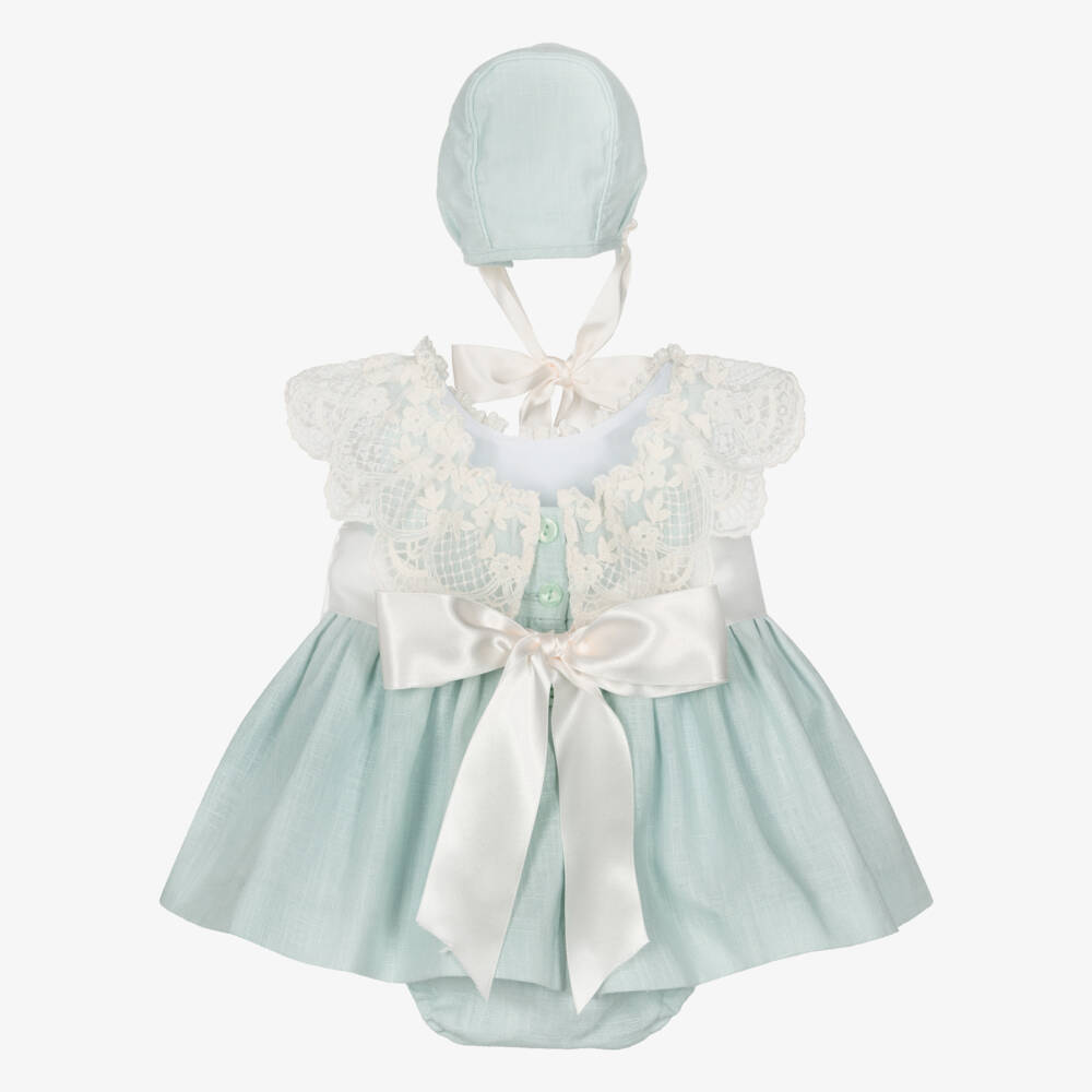 Foque-Baby Girls Mint Green Linen & Lace Dress Set | Childrensalon