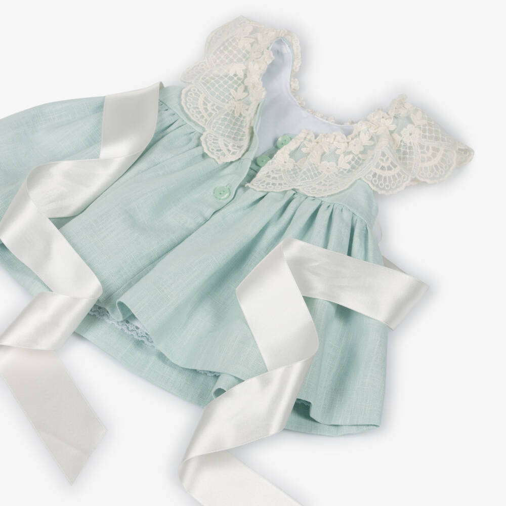 Foque-Baby Girls Mint Green Linen & Lace Dress Set | Childrensalon