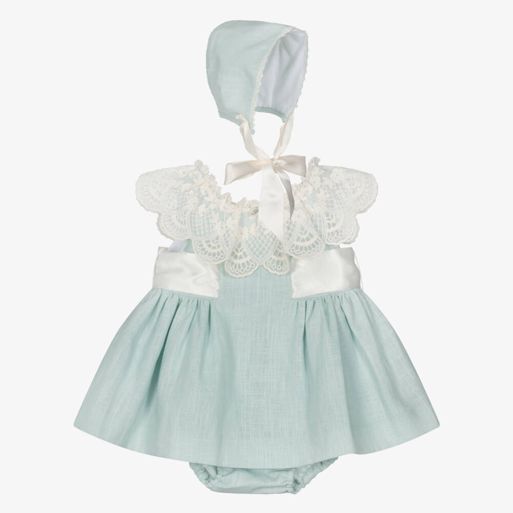Foque-Baby Girls Mint Green Linen & Lace Dress Set | Childrensalon