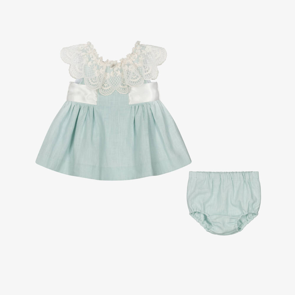 Foque-Baby Girls Mint Green Linen & Lace Dress Set | Childrensalon