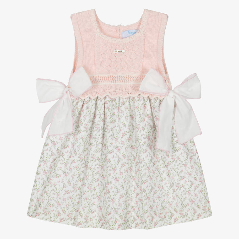 Foque-Baby Girls Pink Floral Cotton Dress with Knitted Bodice | Childrensalon