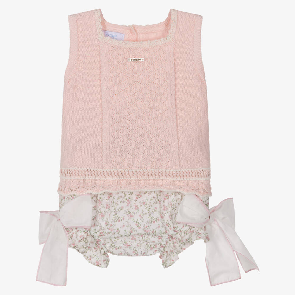 Foque-طقم شورت قطن لون زهري مزين بورود للبنات الرضع | Childrensalon