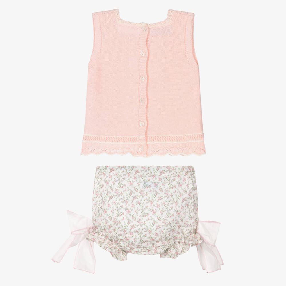 Foque-Baby Girls Pink Floral Cotton Shorts Set with Bows | Childrensalon