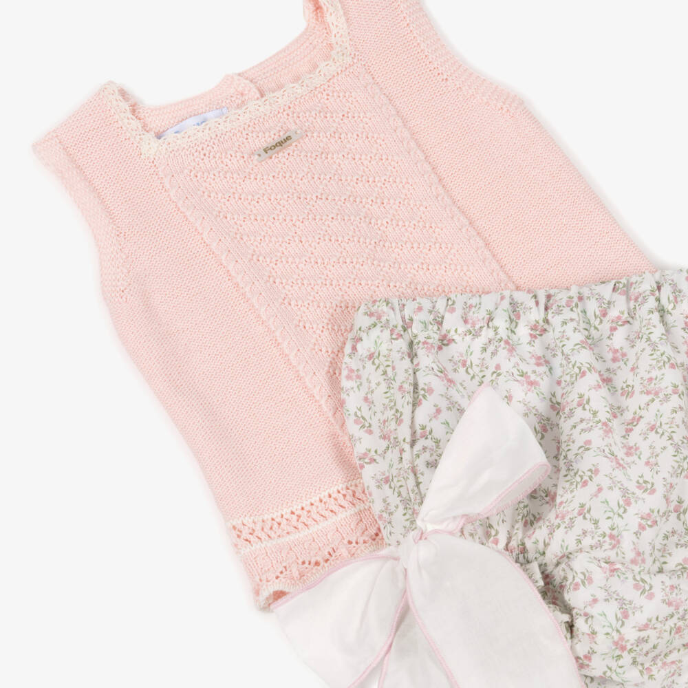 Foque-Baby Girls Pink Floral Cotton Shorts Set with Bows | Childrensalon
